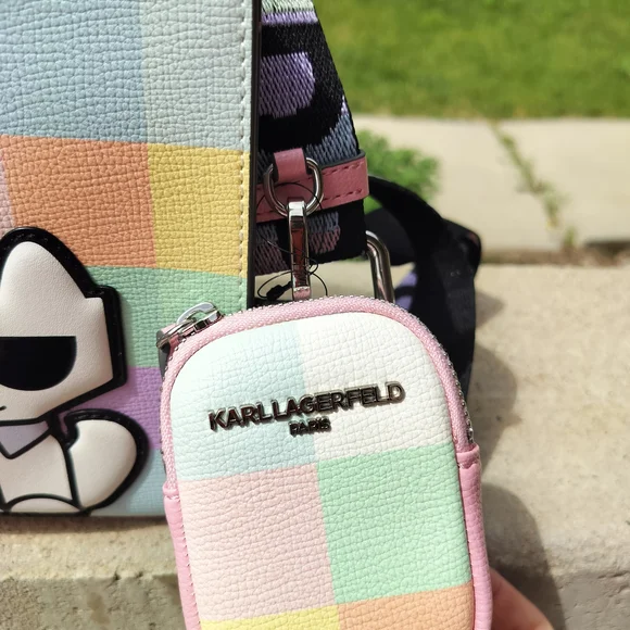 Karl Lagerfeld Pastel Checkered Tote with Cartoon Graphics - Picture 3 of 4